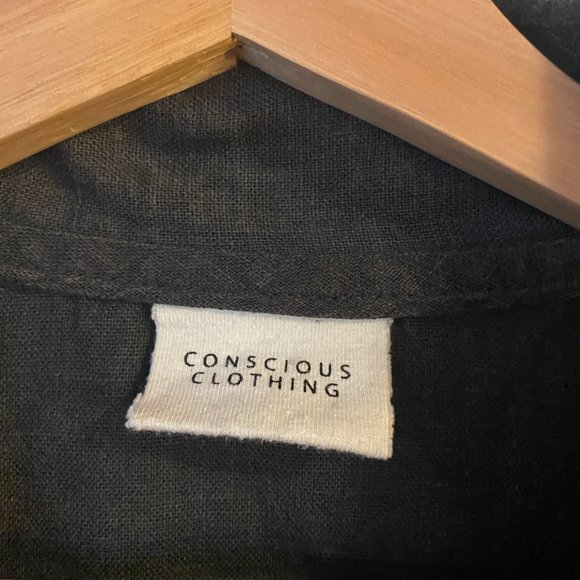 Conscious Clothing Black Linen Shirt Dress with Pockets and Snap Buttons - Picture 3 of 11